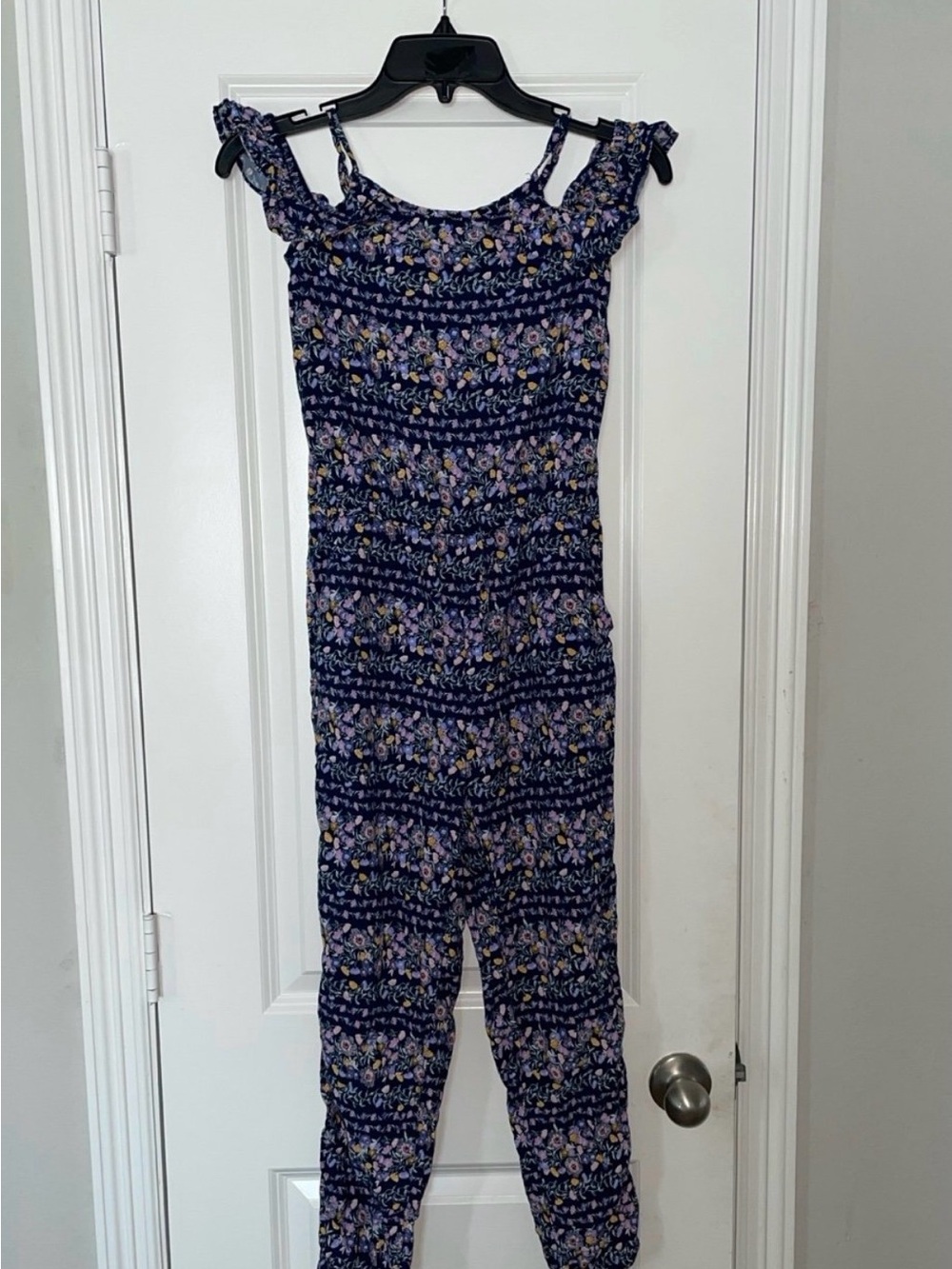 Girls Navy Floral Smocked Jumpsuit